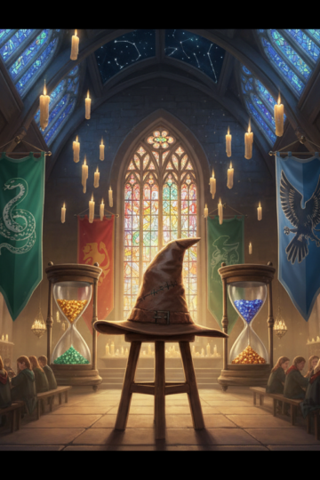 Sorting hat beneath four house banners in a candlelit wizarding great hall