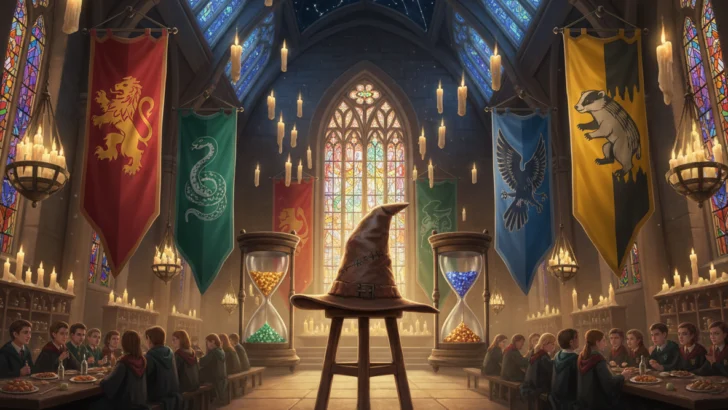 Sorting hat beneath four house banners in a candlelit wizarding great hall