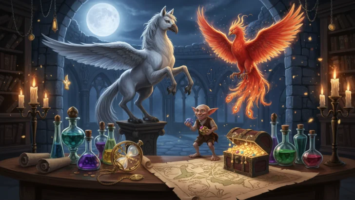Hippogriff, phoenix, house-elf and magical objects in a moonlit wizarding study