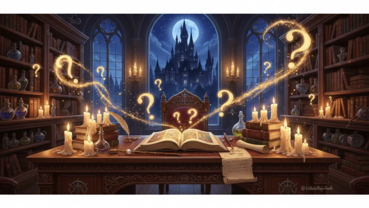 Open spellbook with glowing question marks in a candlelit magical library overlooking a castle