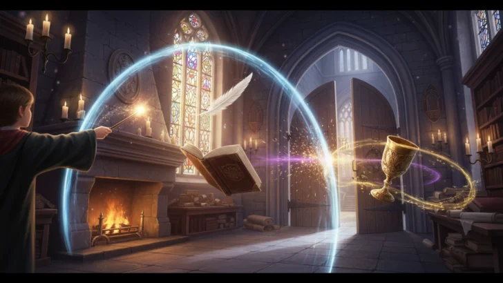 Wizard casting spells as books and a feather levitate in a magical classroom